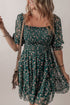 Floral Smocked Puff Sleeve A Line Mini Dress with Square Neck